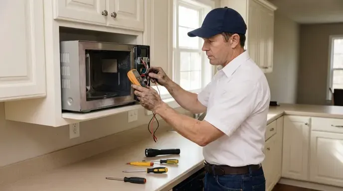 Appliance technician testing an over-the-range microwave with a multimeter