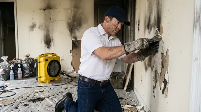 Restoration technician removing fire-damaged drywall