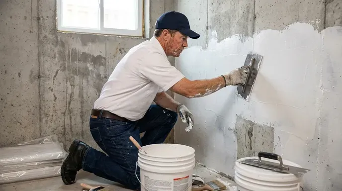 Worker applying waterproof sealant to an interior basement wall