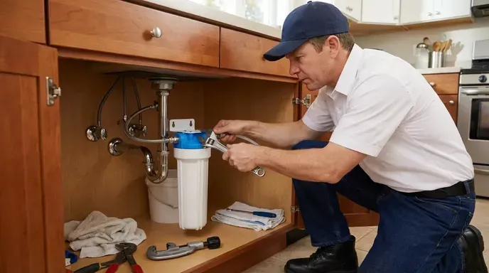 Plumber installing an under-sink water filtration system