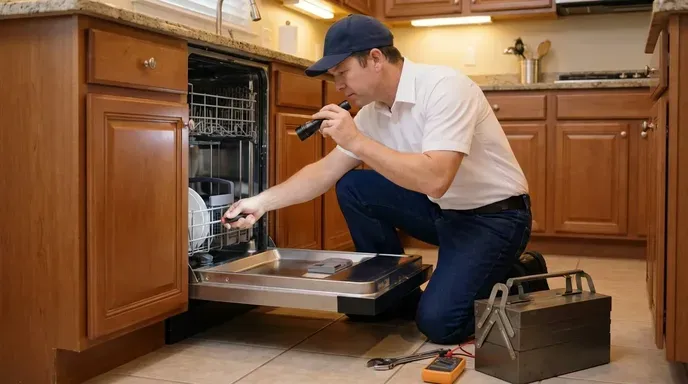 Appliance technician repairing a dishwasher in a wood cabinet kitchen
