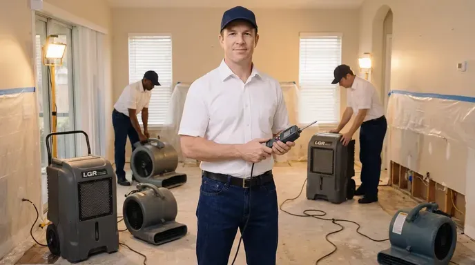 Water damage restoration crew with dehumidifiers and air movers in a home