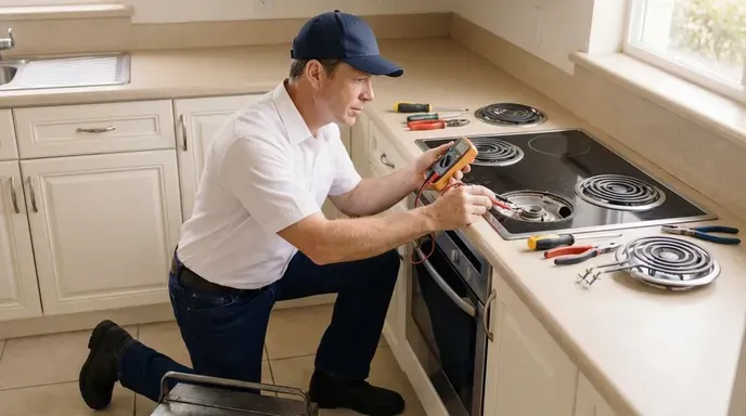 Appliance technician testing an electric stovetop with a multimeter