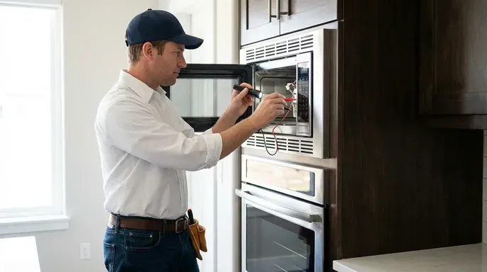 Appliance technician repairing a built-in wall microwave