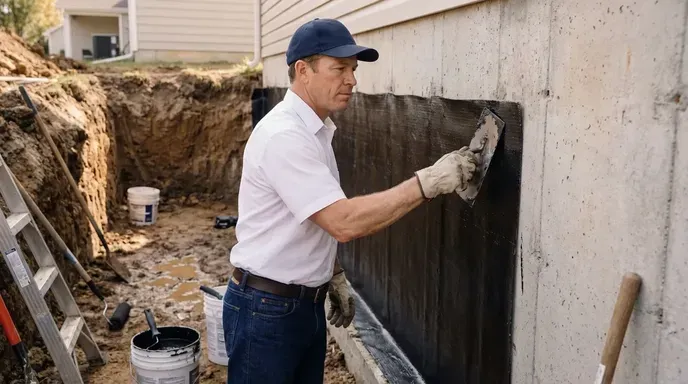 Worker applying waterproof coating to an excavated exterior foundation wall