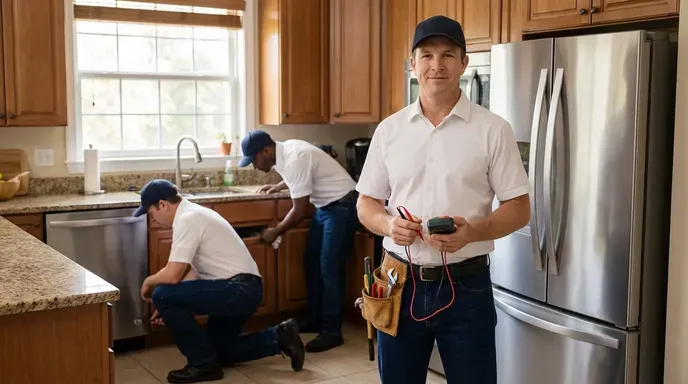 Appliance repair technician standing in a kitchen next to a stainless steel refrigerator