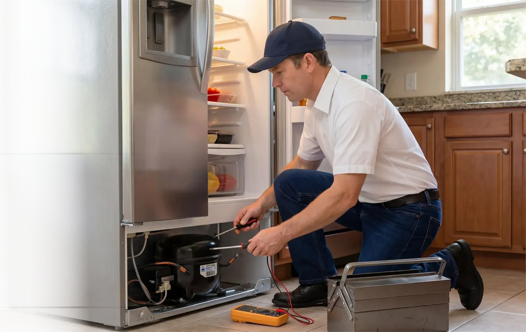 Appliance technician servicing the back of a refrigerator in a kitchen