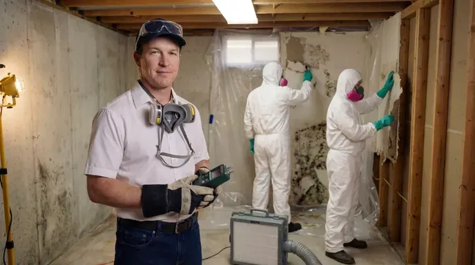 Pest control specialist in a respirator with a team in protective suits treating a basement