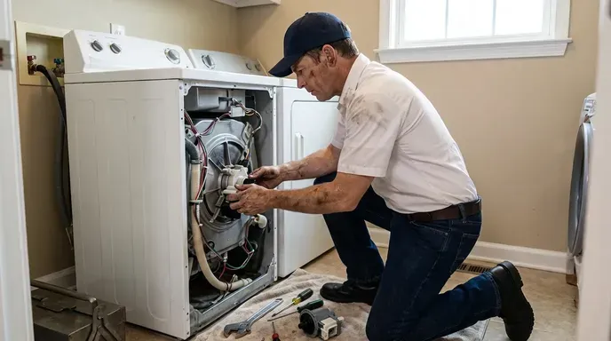 Appliance technician fixing the drum of a washing machine in a laundry room