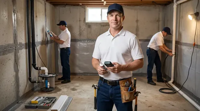 Waterproofing crew in a basement, lead technician holding a moisture meter