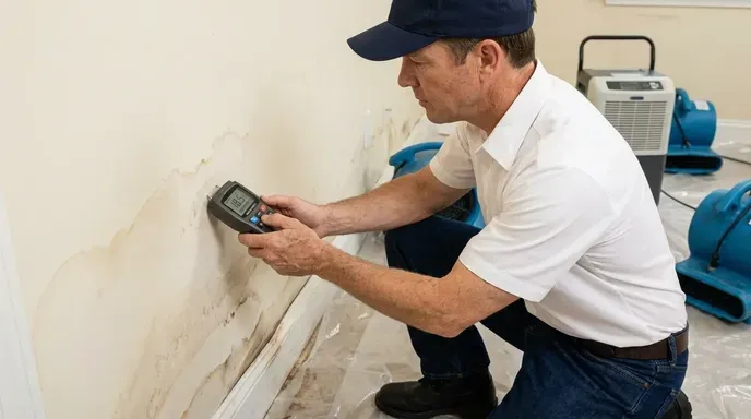 Restoration technician checking a water-stained wall with a moisture meter